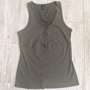 Ribbed olive green tank top with lace up detail